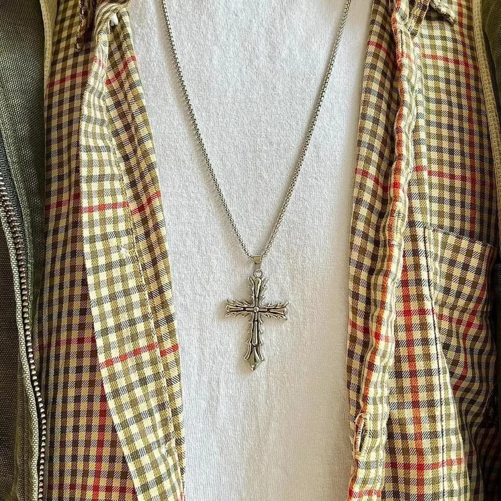 y2k grunge chrome silver cross pendant necklace